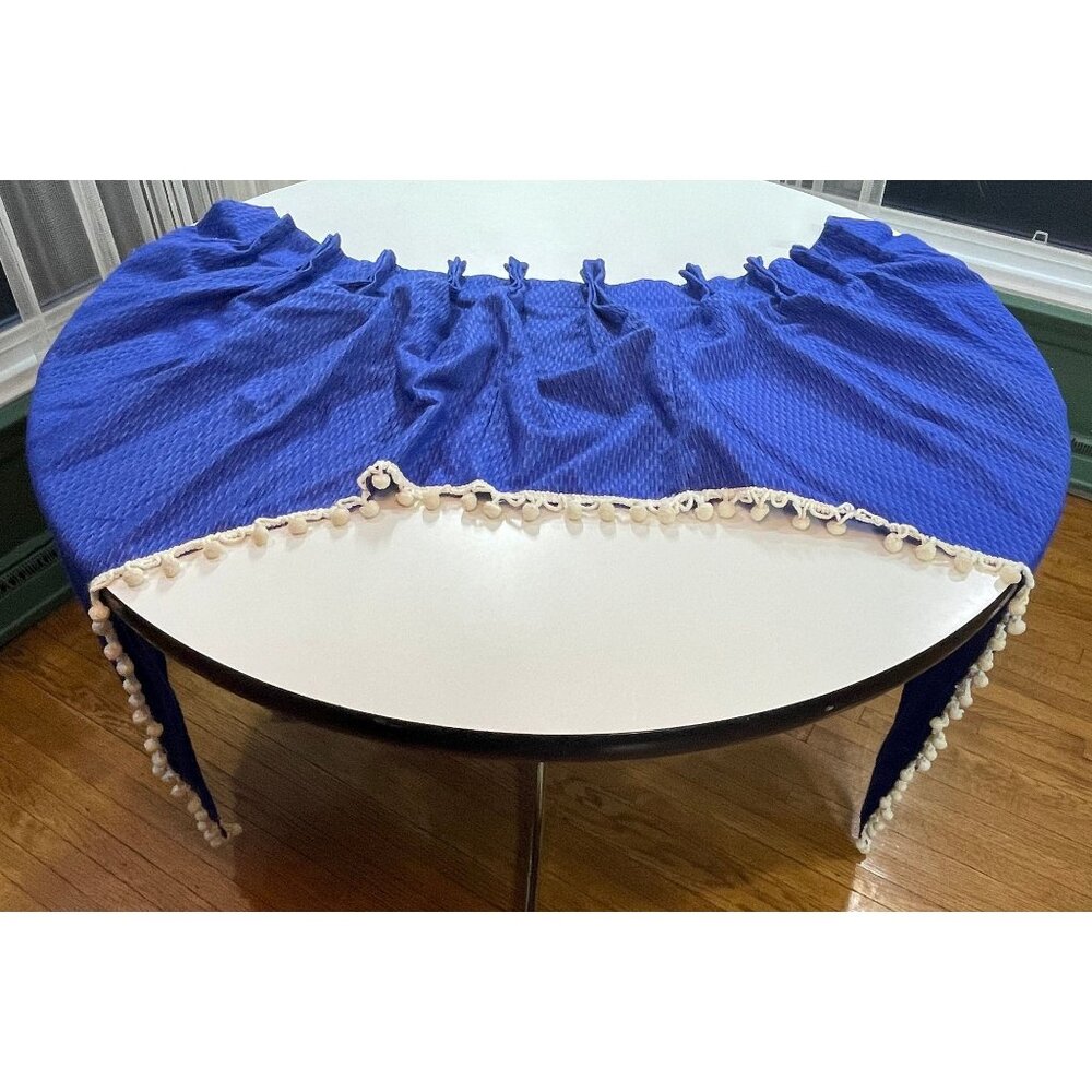 Vintage 70s pleated valance curtain, electric blue with white pompoms swag panel